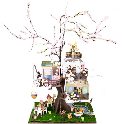 Crafts&Co® DIY Miniature Haus mit Möbeln | DIY Puppenhaus Erwachsene | Hölzernes Puppenhaus-Kit | Holz Mini Haus Modell mit Licht | 1:18 | Blossom Threehouse