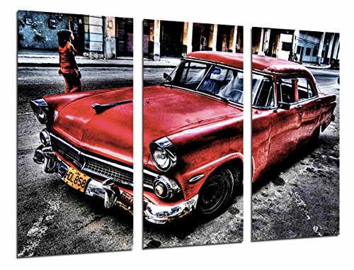 Wandbild - Klassisches rotes Auto in Kuba, Weinlese, 97 x 62 cm, Holzdruck - XXL Format - Kunstdruck, ref.26625