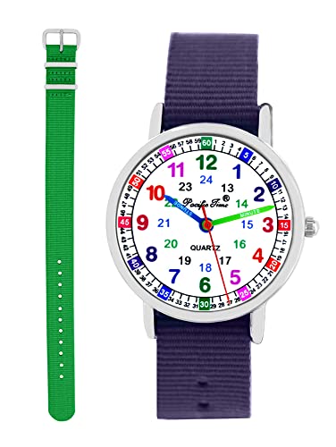 Pacific Time Kinder Armbanduhr Mädchen Jungen Lernuhr Kinderuhr Set 2 Textil Armband violett + grün analog Quarz 11133