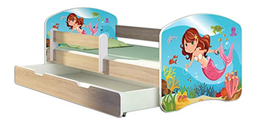Kinderbett Jugendbett mit einer Schublade und Matratze Sonoma mit Rausfallschutz Lattenrost ACMA II 140x70 160x80 180x80 (09 Meerjungfrau, 160x80 + Bettkasten)