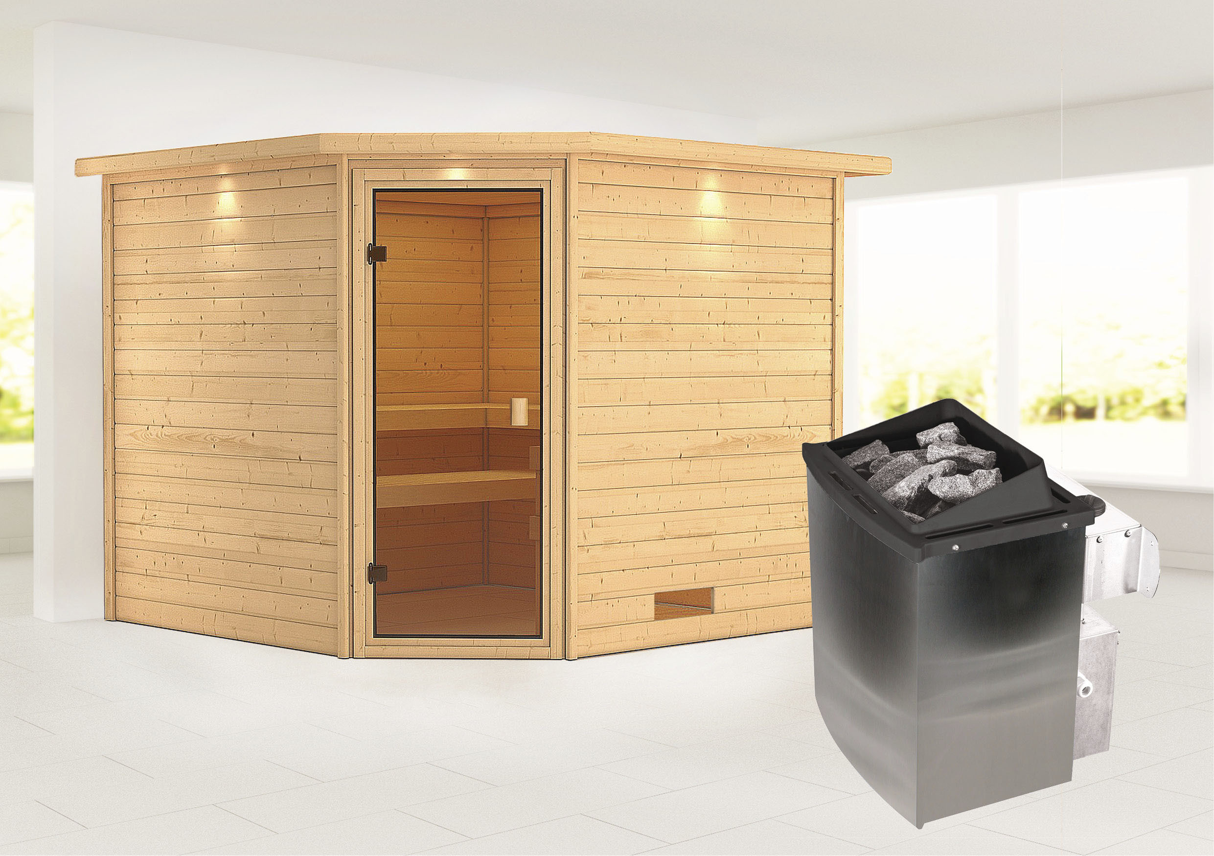 Karibu Sauna ""Leona" mit Kranz und bronzierter Tür Ofen 9 kW integr. Strg"