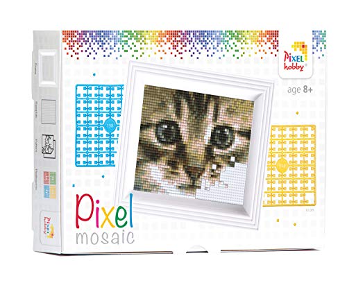 Pracht Creatives Hobby P31179 - Pixel Mosaik Geschenkverpackung Katze, Pixelbild mit Rahmen zum Gestalten für Kinder, Jungen und Mädchen, als kleines Geschenk, Mitgebsel, für den Kindergeburtstag