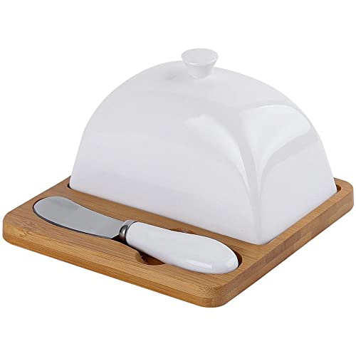 TRoki Keramik-Butterdosen-Set mit Deckel und Messer – elegantes weißes Serviertablett für Butter und Desserts