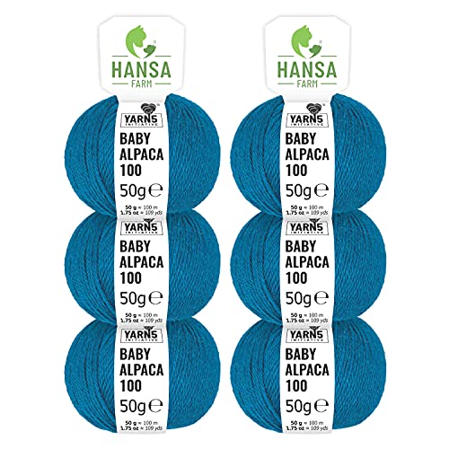 100% Baby Alpakawolle in 50+ Farben (kratzfrei) - 300g Set (6 x 50g) - weiche Alpaka Wolle zum Stricken & Häkeln in 6 Garnstärken by Hansa-Farm - Neues Petrol (Blau)