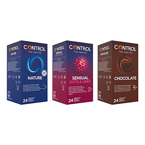 CONTROL Kit bestehend aus Control Nature Kondomen 24 Stk, Sensual Dots & Lines 24 Stk. + Schokolade 24 Stk