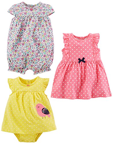 Simple Joys by Carter's Baby Mädchen Spielanzug, Sonnenanzug und Kleid, 3er-Pack, Rosa/Gelb, Floral/Punkte/Vogel, 6-9 Monate