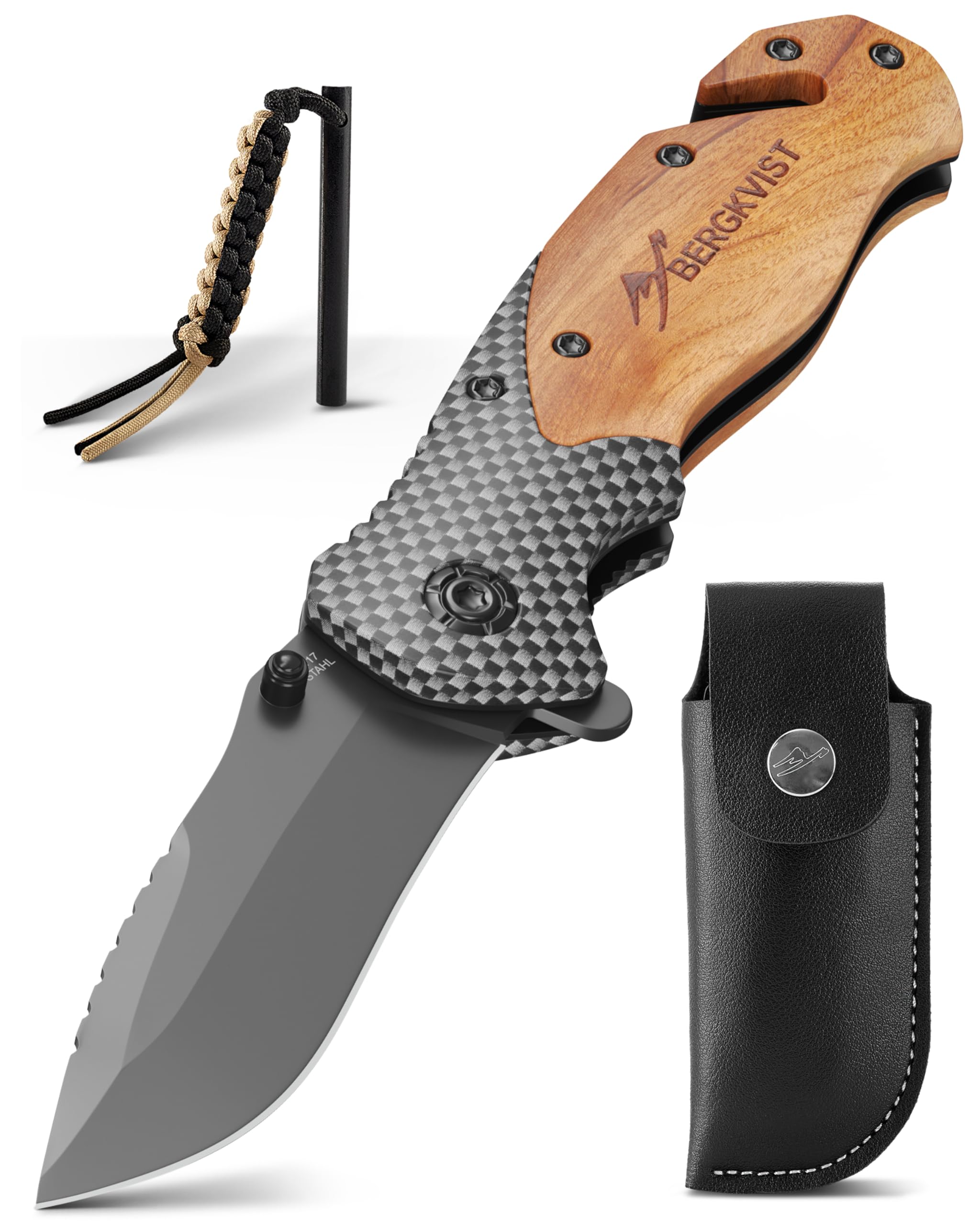 BERGKVIST® K19 Klappmesser (Einhandmesser) mit Holzgriff & Titanium für Outdoor & Survival - 3-in-1 Taschenmesser mit Glasbrecher, Gurtschneider & Feuerstahl