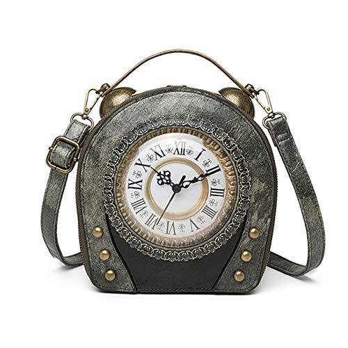 Echte Arbeitsuhr Handtaschen Geldbörse Antik Steampunk Schultertasche PU Messenger Bag, grau,