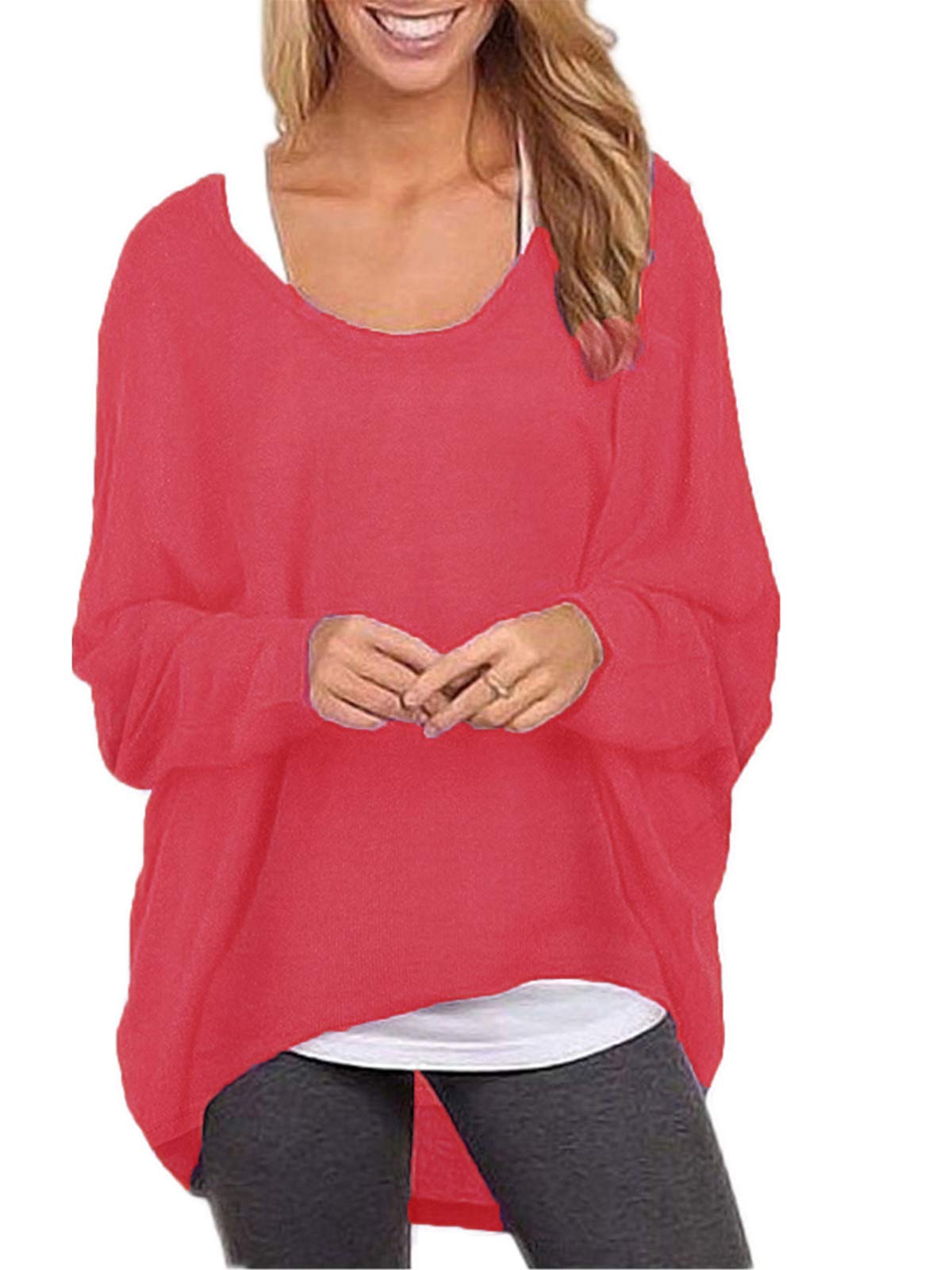 ZANZEA Damen Lose Asymmetrisch Jumper Sweatshirt Pullover Bluse Oberteile Oversize Tops Rot XL
