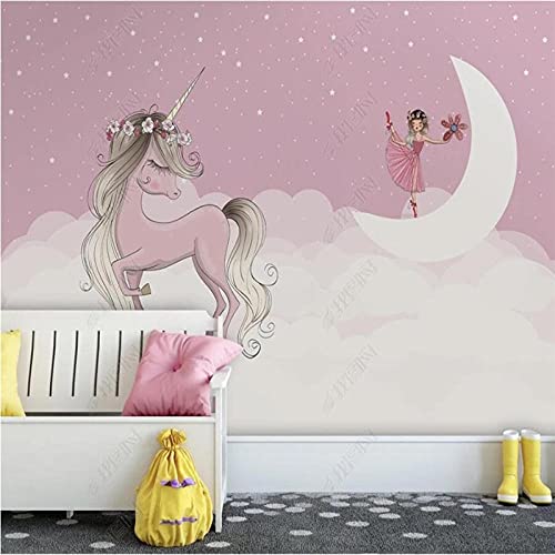 Nordic Rosa Einhorn Mond Mädchen Sterne Weiße Wolken Kinderzimmer Hintergrund Wandbild Tapete Für Kinderzimmer Tapeten Wohnkultur 200cm(L)×140cm(H)
