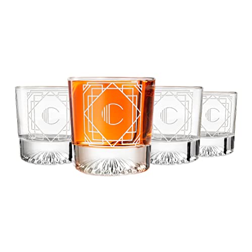 Greenline Goods,Monogramm Art Deco geätzter Buchstabe C Whiskeyglas perfekt für Bourbon, Scotch, Likör, Cocktail,Kristall-Whiskeygläser 4er Set,Bestes Geschmackserlebnis mit Vintage Rocks Gläsern