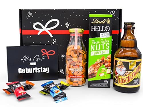 Geschenkset Bier & Snack | Geburtstag Geschenk Box mit Bier, Nussmix, Lindt Schokolade & Grußkarte | Geburtstagsgeschenk für Männer, Papa & Bierliebhaber