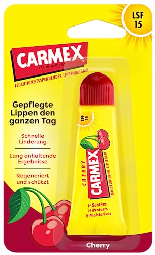 Carmex Classic Lippenbalsam Tube Kirsche (12er Pack) - der original medizinische Lippenbalsam – feuchtigkeitsspendend und beruhigend für trockene und rissige Lippen – mit Lichtschutzfaktor 15