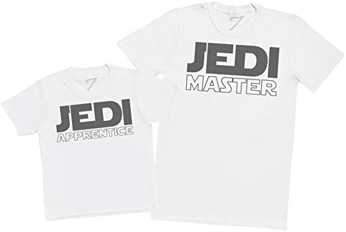 Zarlivia Clothing Jedi Master & Jedi Apprentice – Matching Father Kids Geschenkset – Herren T-Shirt & Kinder T-Shirt – Weiß – Größe M & 9–10 Jahre
