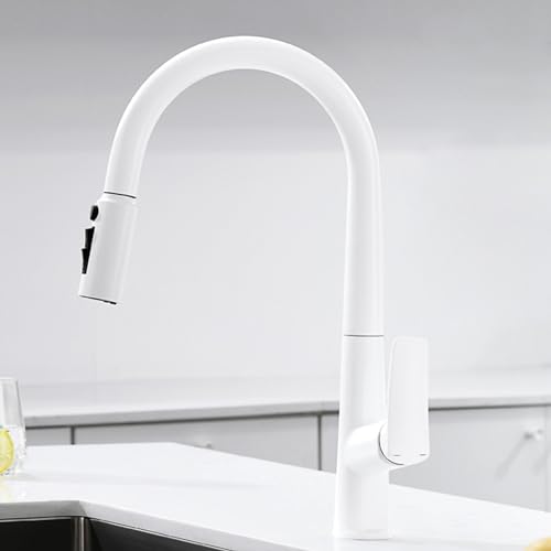 3 Wege Wasserhahn Küche Ausziehbar, 3 Wege Küchenarmatur Messing Teleskopierbar Drehbar Mischbatterie Küche-Weiß