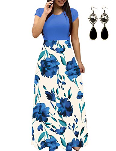 UUAISSO Sommerkleid Damen Lang mit Blüte Drucken Lang High Waist Elastische Strandkleider Maxikleider D-Blau-Kurzarm 5XL