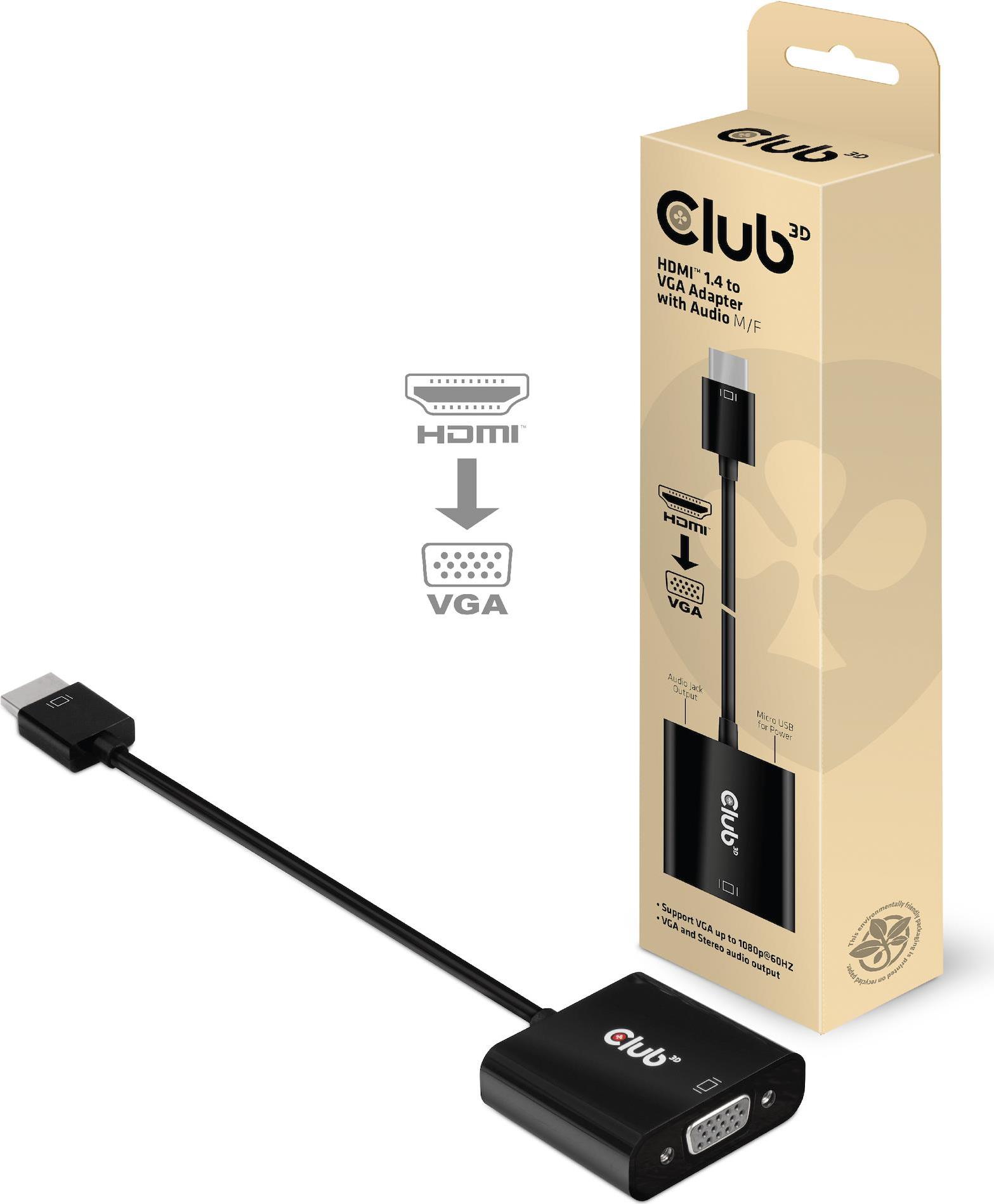 Club 3D CAC-1302 - Videoschnittstellen-Converter - HDMI / VGA - HDMI (M) bis HD-15 (VGA), Stereo Mini-Klinkenstecker, Micro-USB Type B - 1080p-Unterstützung, active converter
