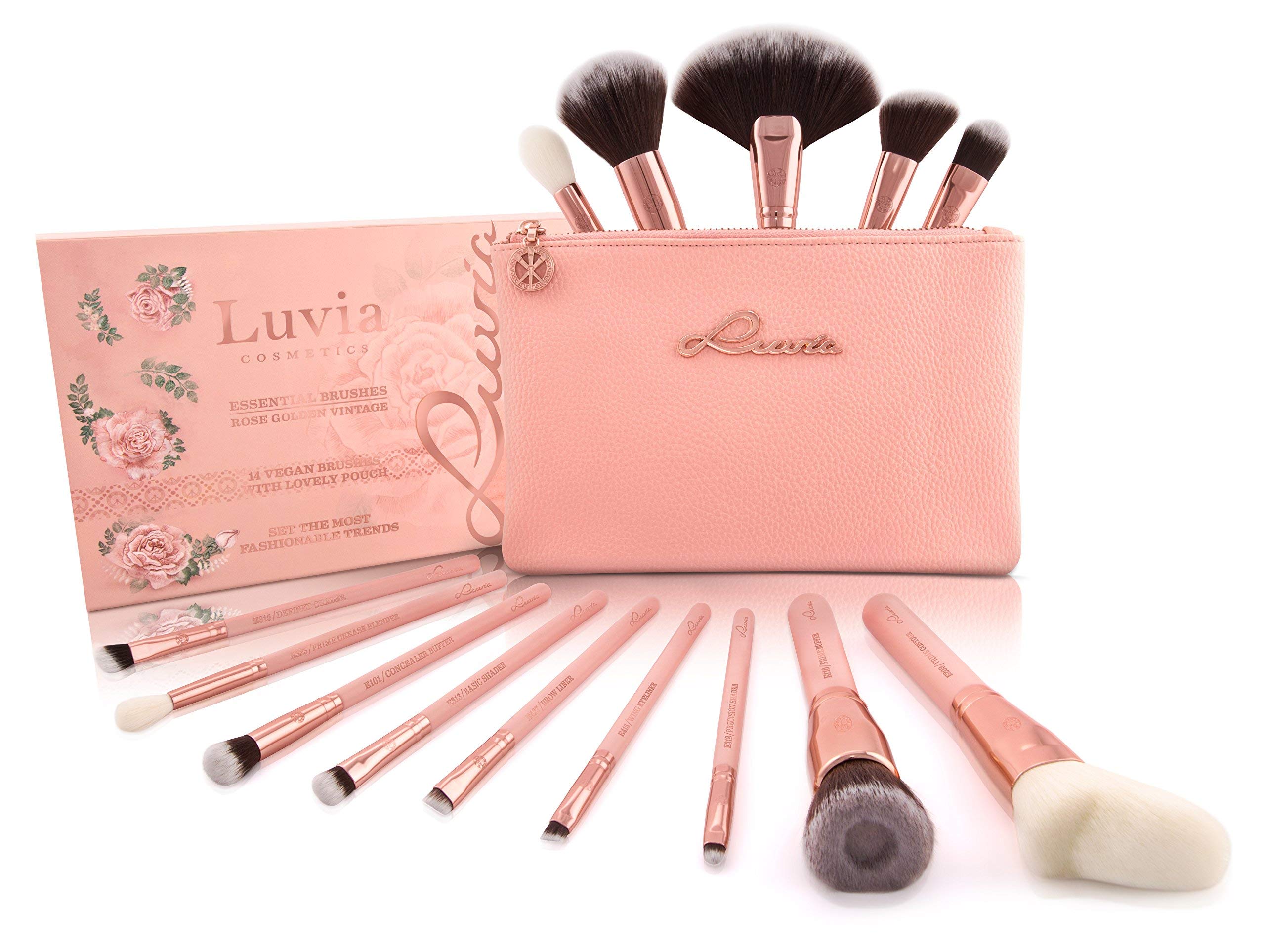 Luvia Makeup Pinsel Set inkl. Kosmetiktasche für Schminke - Rose Golden Vintage Make-Up Brush Set – 14 Profi Kosmetikpinsel/Schminkpinsel in Nude/Rosegold - Geschenkidee - Vegane Kosmetik/Schminke