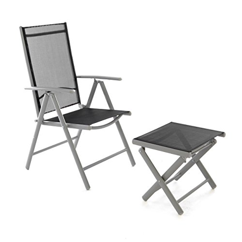 Nexos ZGC34450_SL Klappstuhl Gartenstuhl Campingstuhl Liegestuhl mit Hocker – Sitzmöbel Garten Terrasse Balkon – klappbarer Stuhl aus Aluminium & Kunststoff-schwarz
