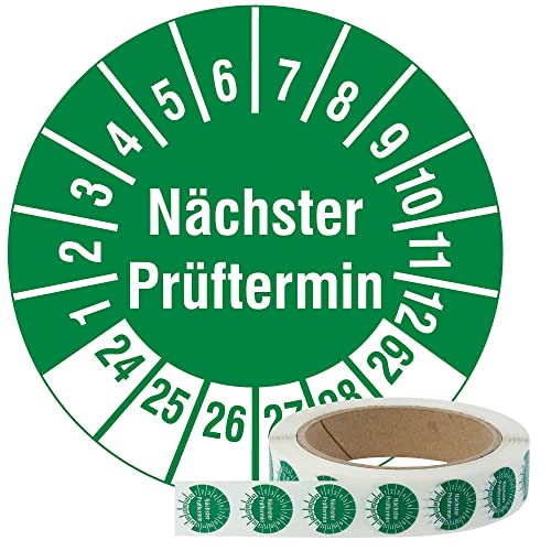 Labelident Mehrjahresprüfplaketten Nächster Prüftermin 2024-2029 - Ø 20 mm - 1000 Prüfplaketten auf Rolle, Polyethylen, Prüfetiketten grün