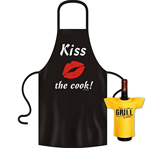 Kochschürze Männer - Kiss the Cook - Grill Koch Küchenschürze Schürze Männer Geschenke Set geil bedruckt mit Mini Flaschenshirt (ohne Flasche)