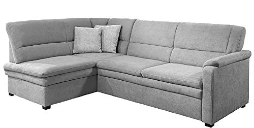 Cavadore Ecksofa Pisoo mit Ottomane links L-sofa, mit Federkern und Bettfunktion im klassischen Design, 245 x 89 x 161, Flachgewebe Hellgrau
