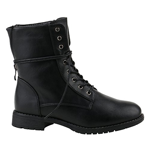 Damen Stiefeletten Profilsohle Worker Boots Leder-Optik Schnürstiefeletten Camouflage Verlours Schuhe 144216 Schwarz Schwarz 39 Flandell