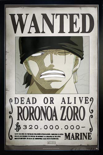 Close Up One Piece Poster Wanted Roronoa Zoro (66x96,5 cm) gerahmt in: Rahmen schwarz
