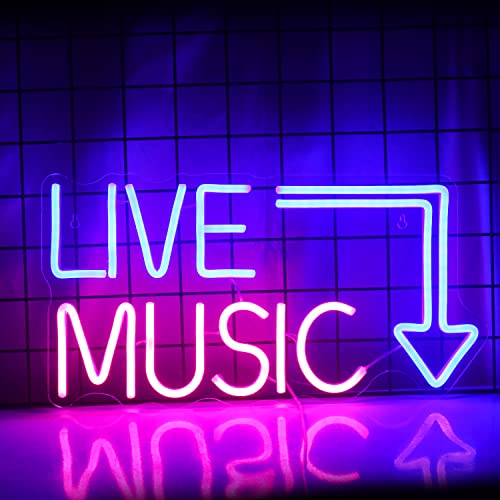 Live Music Leuchtreklame Musik Neonlichter Buchstaben Neonlicht Schild Neon Bar Schild Leuchtschild für Bierbar, Musikstudio, Schlafzimmer, Wanddekoration, Party, Club (Bule Pink)