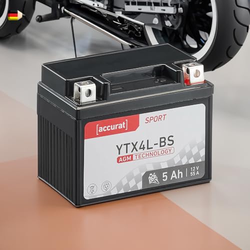 Accurat Motorradbatterie YTX4L-BS 4Ah 55A 12V AGM Roller Starterbatterie Erstausrüsterqualität rüttelfest leistungsstark wartungsfrei