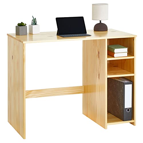 IDIMEX Schreibtisch Liam, schöner Computertisch mit Regal, praktischer Bürotisch mit 2 verstellbaren Einlegeböden, Zeitloser Arbeitstisch aus massiver Kiefer in Natur