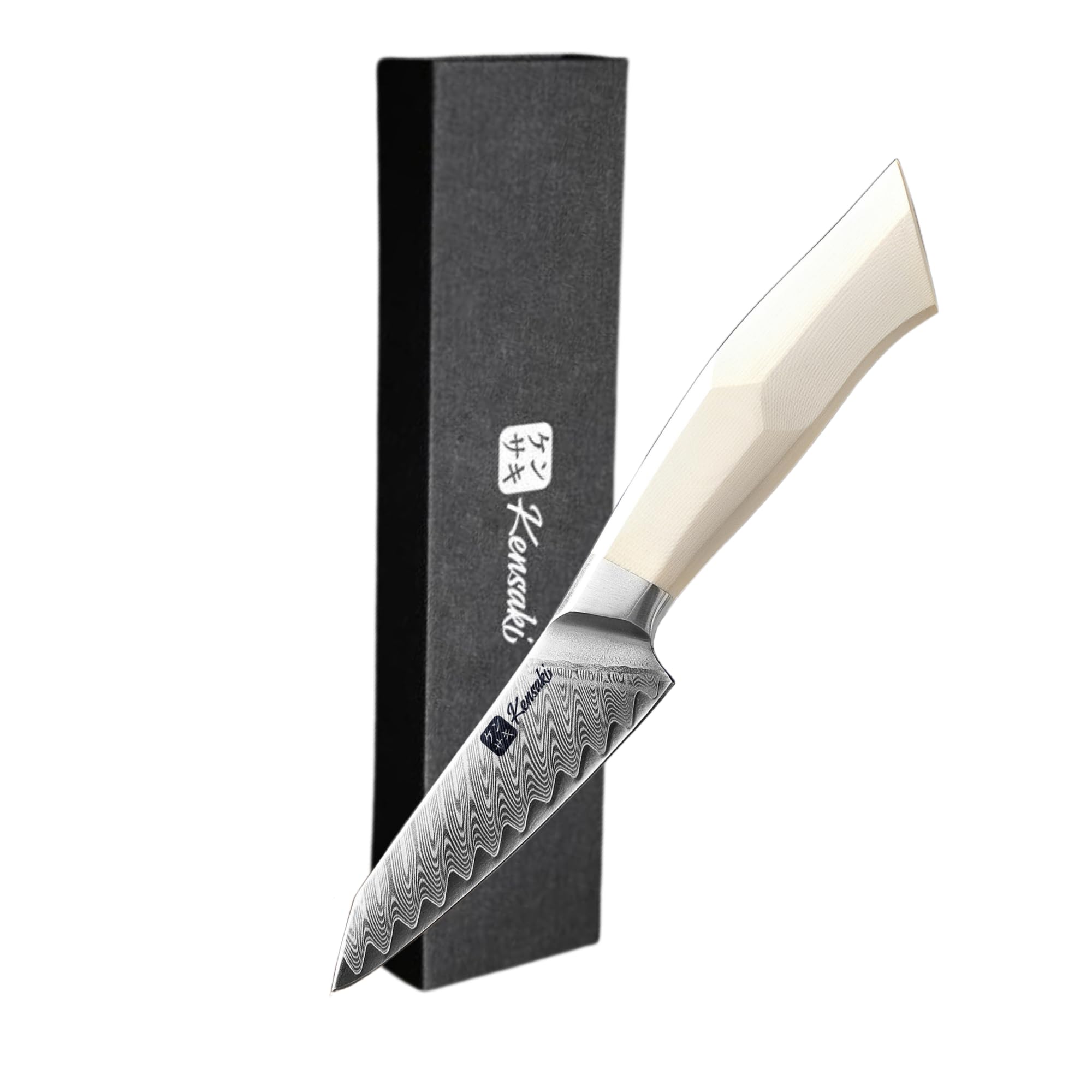 Kensaki Gemüsemesser aus Damaszener Stahl Küchenmesser Japanischer Art hergestellt aus 67 Lagen Damaststahl | Weißer G10 Griff - Shiro Serie