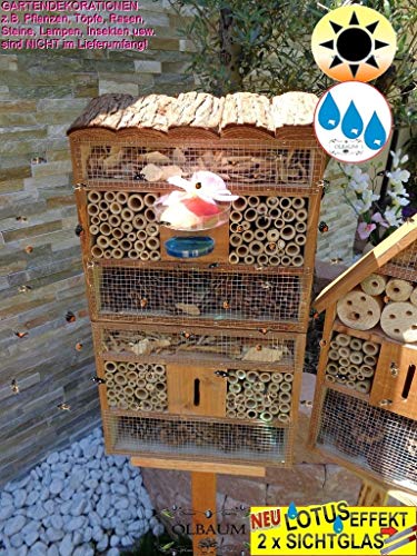 1x XXL insektenhotel Rindendach HOCH, mit Lotus+2xBrutröhrchen, Bienenhaus mit Standfuß UND TRÄNKE insektenhotel Rindendach HOCH braun