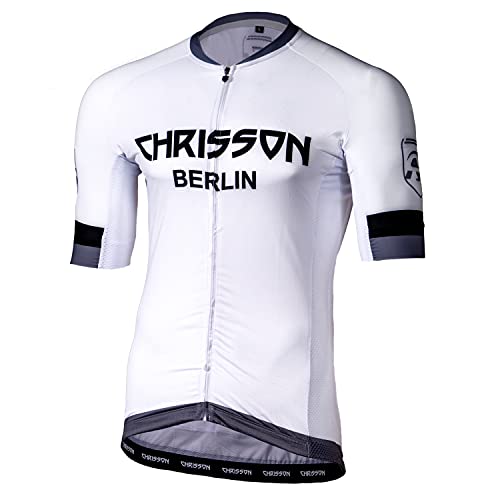 CHRISSON Essential Whiteline 3XL Weiß-Grau Fahrradtrikot Kurzarm für Herren, Atmungsaktive Fahrradbekleidung, Radtrikot mit Reißverschluss, Fahrrad Trikot für Männer mit 3 großen Rückentaschen