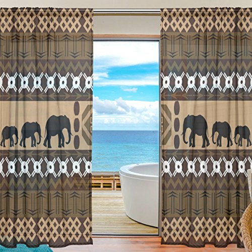 Fenster Vorhänge, Gardinen Platten Fenster Behandlung Set Voile Drapes Tüll Vorhänge Ethnische Stil Elefant Muster 2 Einsätze für Wohnzimmer Schlafzimmer Girl 's Room,140cm x 198cm