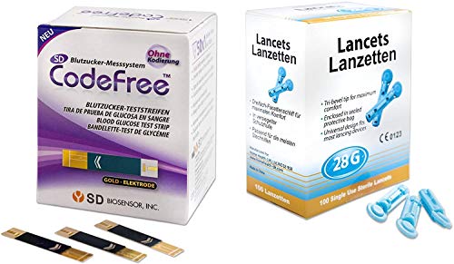 Vorteilspack SD CodeFree Blutzuckerteststreifen 50 Stück + Blutlanzetten Gr. 28G (50 Stk.), Sparpack zur Diabetes-Kontrolle bei Blutzucker (Zucker)