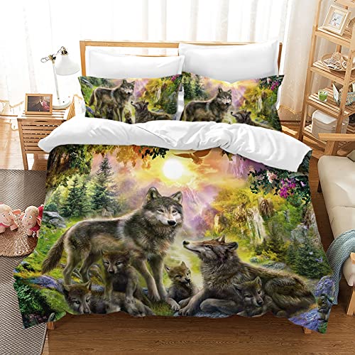 Hoimlm Kinder Bettwäsche 135x200 Wolf Print Mikrofaser Bettbezug mit 2 kopfkissenbezug, Jungen Teens bettwäsche Set Kinder Erwachsene, Weich Haltbar Atmungsaktive