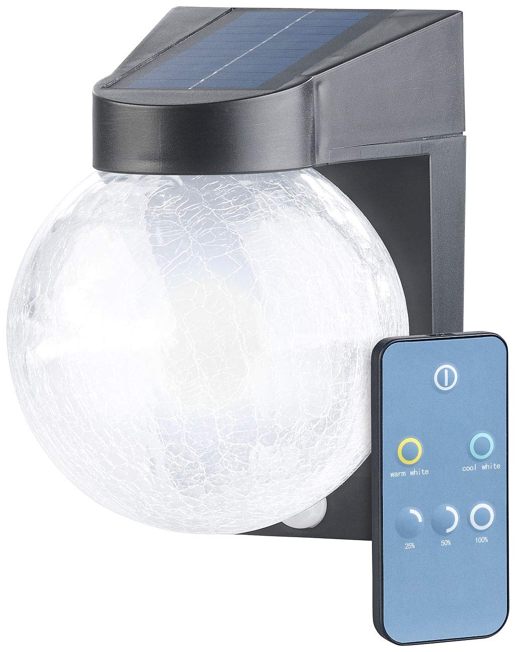Luminea Beleuchtung Aussen: Solar-LED-Wandleuchte im Crackle-Glas-Design, PIR-Sensor, 200 Lumen (Solar Leuchte Fernbedienung, Haustür-Lampe Bewegungsmelder, Garten Deko)