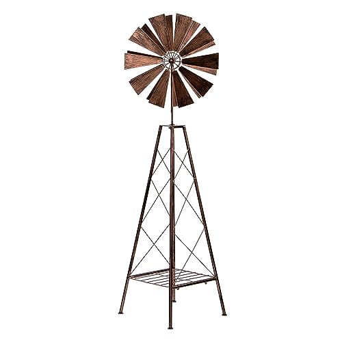 HAFIX® XL Windmühle - Pflanzenmühle - mit zwei Rädern für 3D Optik & Regalfach. Metall-Windspiel max. Höhe 121cm. Windrad für Garten Dekoration UV-beständig & wetterfest. Windregal für Pflanze Bronze.