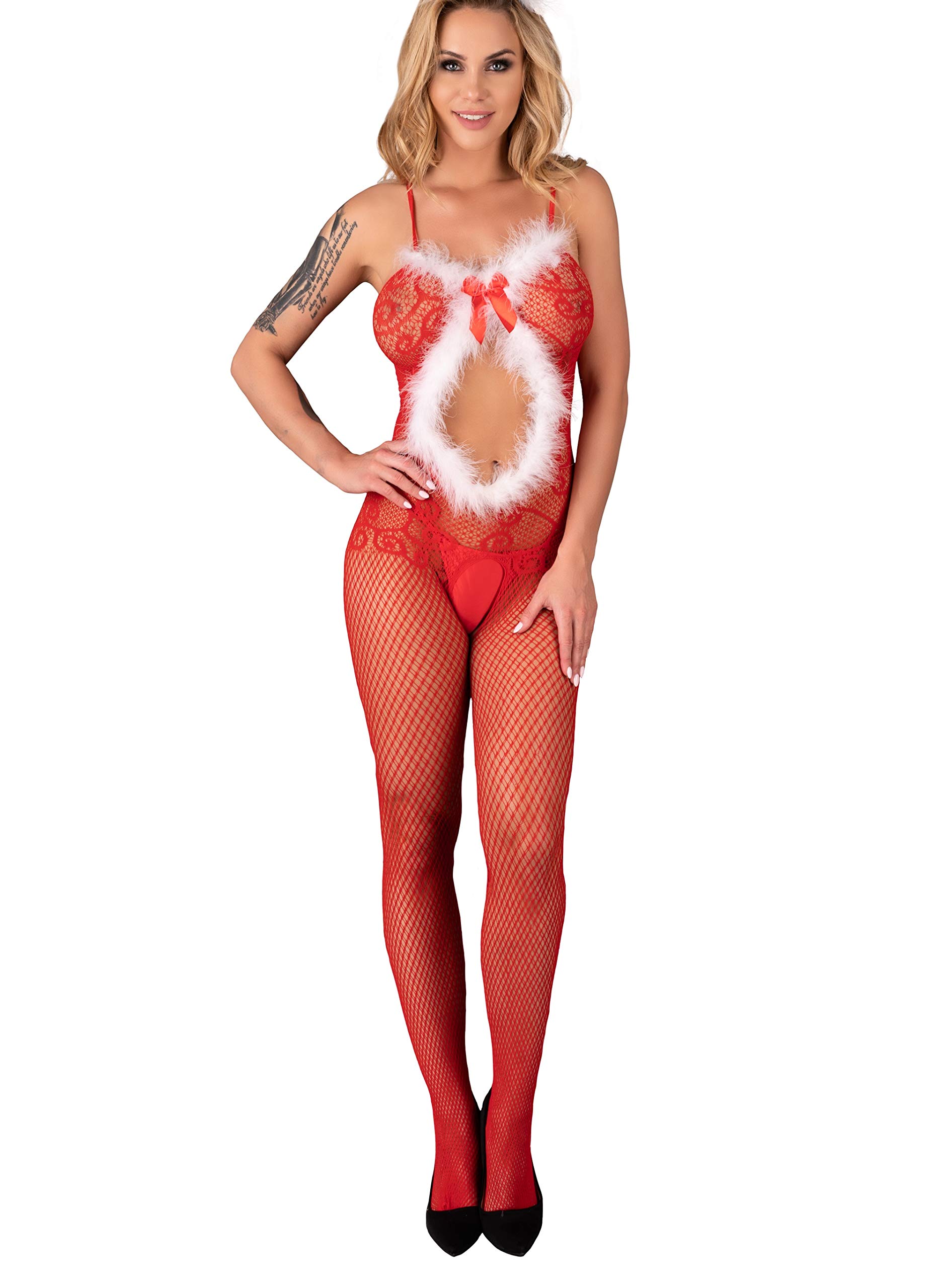 Selente Love & Fun luxuriöses mehrteiliges Damen Dessous-Set in raffiniertem Weihnachts-Design, mit Satin-Augenbinde made in EU, Bodystocking-Modell-2, Einheitsgröße S/M/L