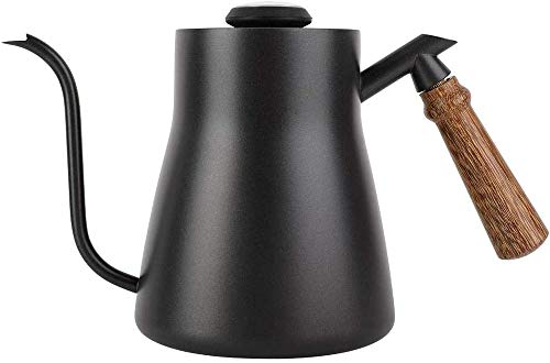 POEFT Kaffeekessel mit integriertem Thermometer, Edelstahl, Schwanenhals, langer schmaler Ausguss, Kaffeekanne mit isoliertem Holzgriff, 850 ml