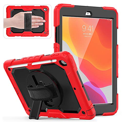 QINYUP 2020 Neue Tablet-Hülle für iPad 10.2-Hülle mit 360-Grad-Handschlaufe Kindersichere Silikonhülle mit Bulit-In-Ständer-Rot
