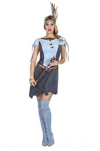 Deluxe Indianerin Damen-Kostüm Hellblau mit Federn Kleid in Wildleder-Optik Squaw Western Wilder Westen, Größe:40