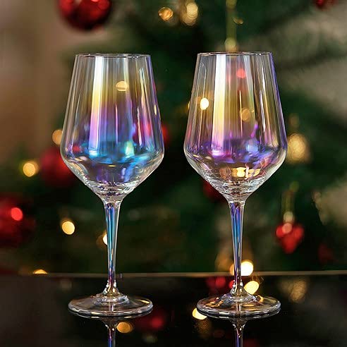SUFUBAI Kelch Weingläser Set von 2, kristallklare Glasbecher Regenbogen Kelch Weinglas mit Stiel Geschenk für jeden Anlass