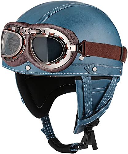 Motorradhelm Brain-Cap · Retro Halbhelm Deutscher Stil Leder Motorrad Helm Mit Schutzbrille Halbschalenhelm,DOT/ECE Zertifizierung Mopedhelm Für Männer Und Frauen (Color : C, Größe : M=57-58cm)