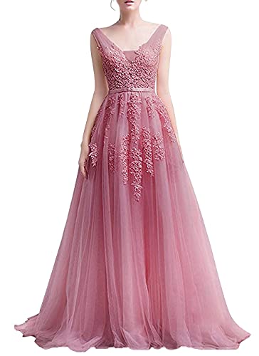 Romantic-Fashion Damen Ballkleid Abendkleid Brautkleid Lang Modell E001-E006 Blütenapplikationen Tüll DE Altrosa Größe 44