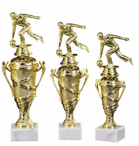 RaRu 3er-Serie Bowling-Pokale (Damen oder Herren) mit Wunschgravur und 3 Bowling-Anstecknadeln (Sticker) (Mit Damen-Figuren)