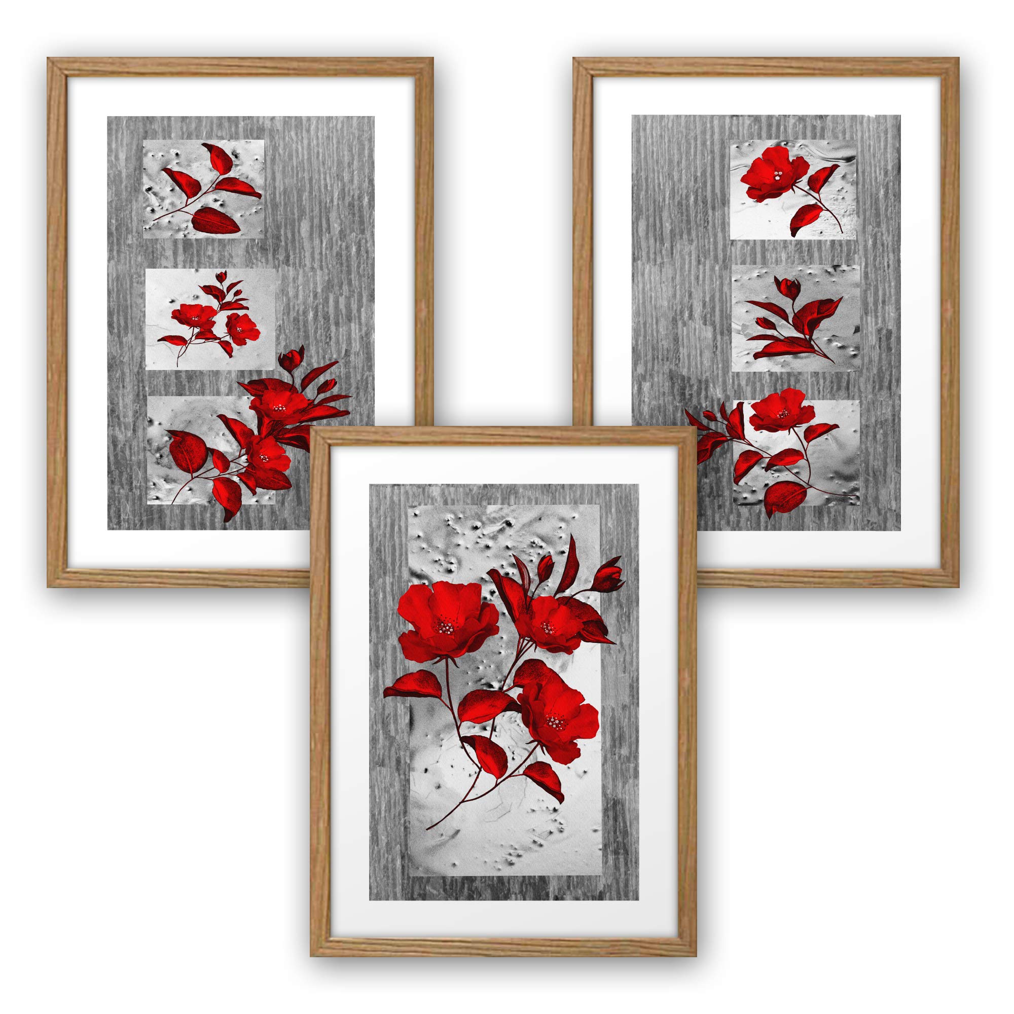 3-teiliges Premium Poster-Set | Kunstdruck | rote Blüten | Deko Bild für Ihre Wand | optional mit Rahmen | Wohnzimmer Schlafzimmer Modern Fine Art | DIN A4 / A3 (A3, natur Rahmen)