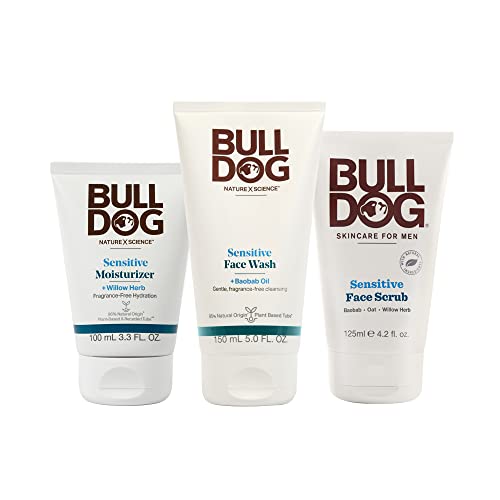 Bulldog Mens Skincare and Grooming Sensitive Vollgesichtsset mit Feuchtigkeitscreme, Gesichtswäsche und Gesichtspeeling, 3 Stück