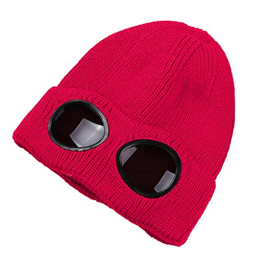 Unisex Woll-Strickmütze mit Schutzbrille, warme Wintermütze für Herbst und draußen, Sportmütze, modisch, für drinnen und draußen, schützt vor Hitze und Kälte Einheitsgröße rot